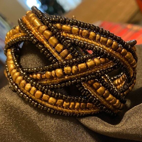 Cuff Bracelet Copper and Black Vintage Woven Beaded Adjustable One Size - Picture 4 of 6